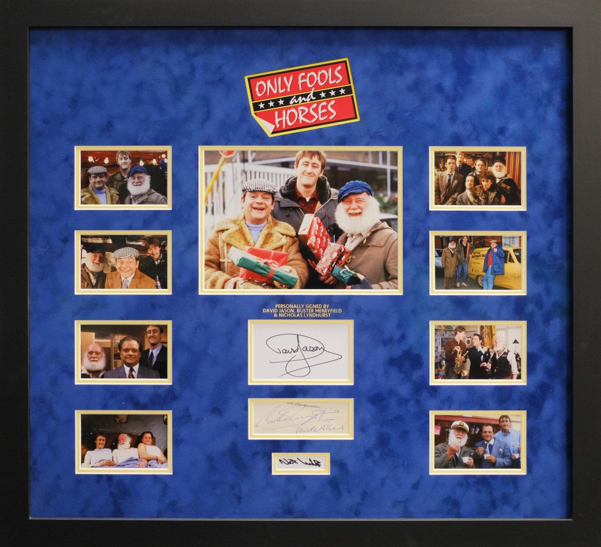 Only Fools And Horses Signed whitecard David Jason, Buster Merryfield & Nicholas Lyndhurst - Memorabilia Framers Shop